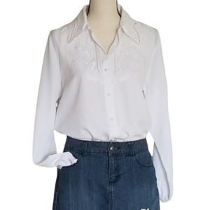 Vintage 80s White Embroidered Blouse Sz 8 Long Sleeve Button Down